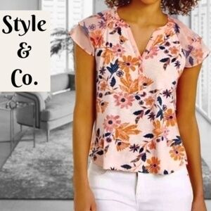 STYLE & CO Pink Floral Printed Split-Neck Flutter Sleeve Waist Length Top